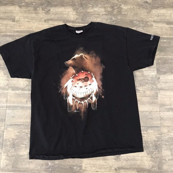 Menchego Bear Spirit Native American Graphic‎ Black T-Shirt Men Size XL y2K - Picture 2 of 8